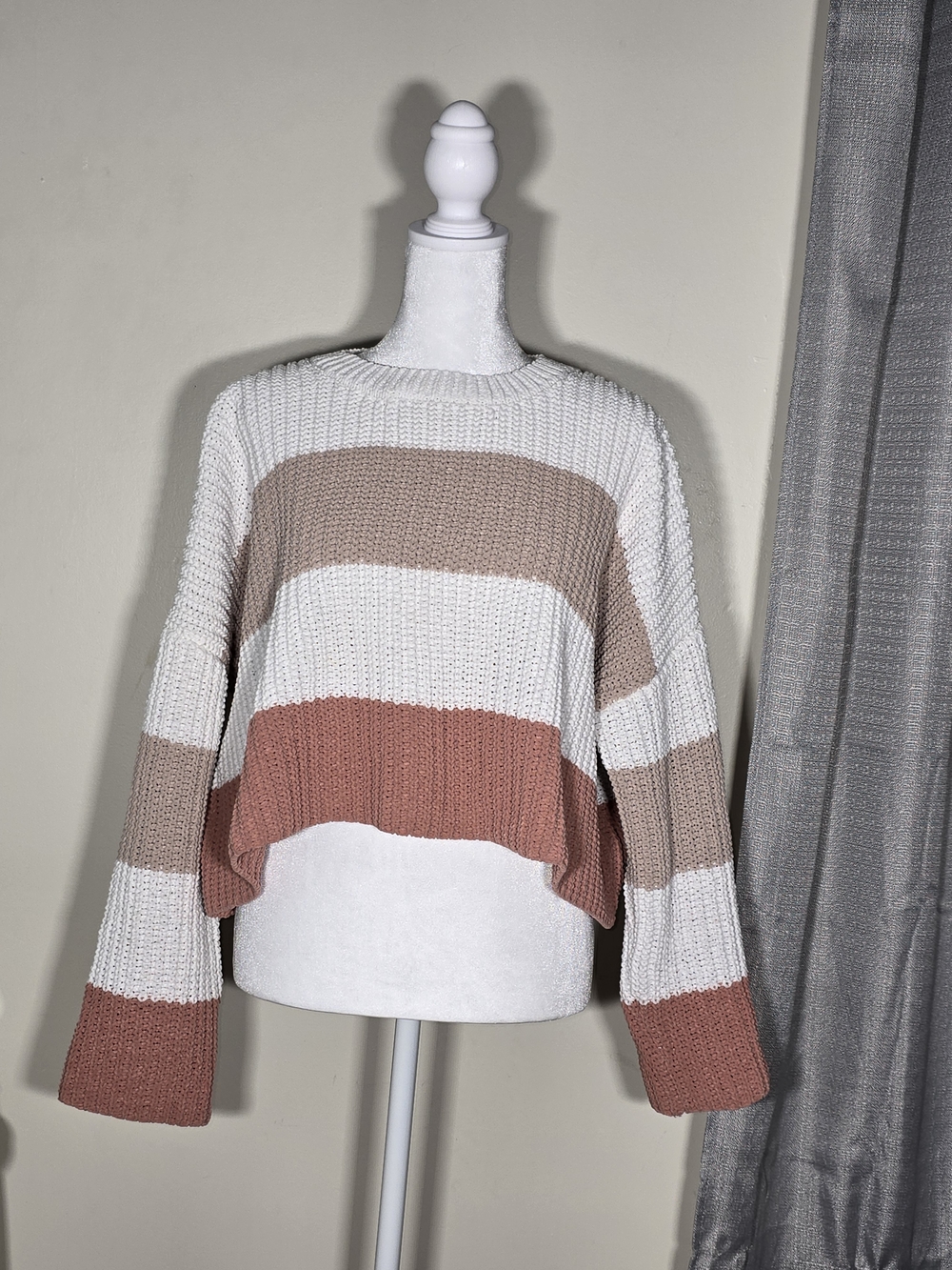 moon & madison Striped Cropped Sweater in Cream, Taupe & Dusty Rose